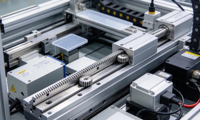 Helical rack mounted on aluminum profile frame meshed with pinion in automation positioning machine with guide rail servo drive and cable chain.
