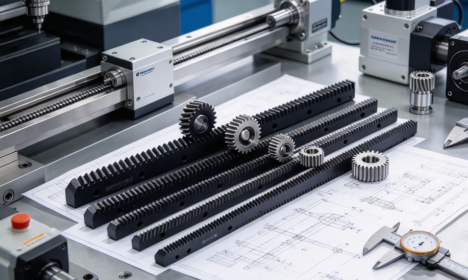 Black helical gear rack and silver pinion set placed on precision drive test bench beside linear guide servo motor reducer caliper and engineering drawings.