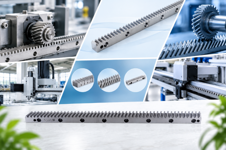 Helical Rack and Pinion setup with a helical pinion meshing a steel Helical Rack Gear, plus Round Gear Rack and flat rack samples on a CNC linear axis.